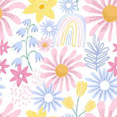 Spring hand drawn flower seamless pattern. Spring floral background - 481466627