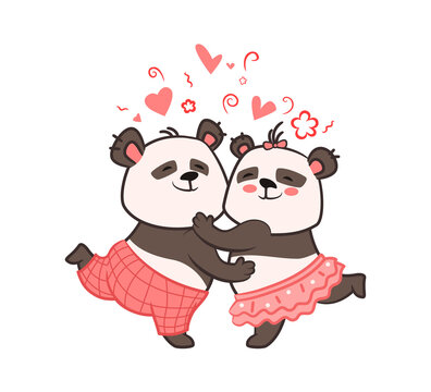 Two cute pandas hugging each other, congratulating on Valentine's day.Vector illustration in cartoon style , kawaii