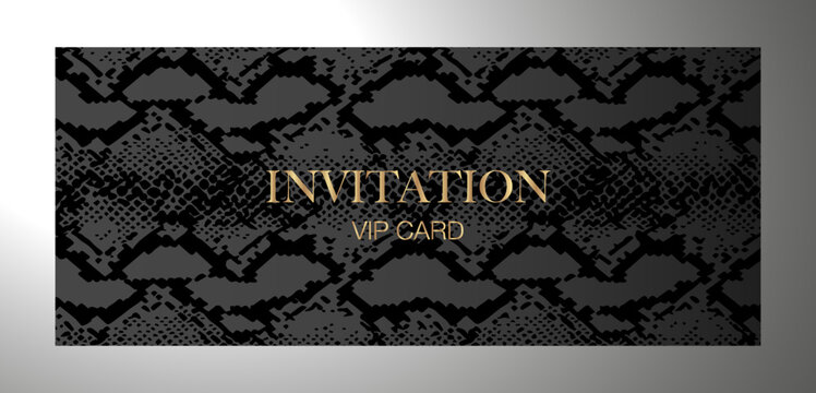 Luxury VIP Invitation template with animal print python snake skin on black background. Premium vector design for Gift certificate, Voucher, Gift card