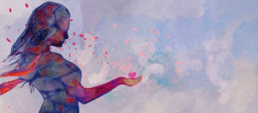 Girl with heart. Love concept. Watercolor design element