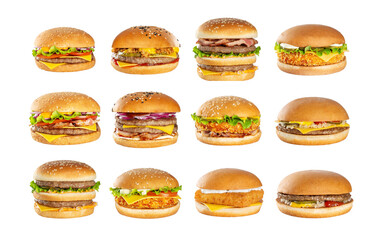 Collage of 12 delicious burgers. Classic burger, cheeseburger, fish burger, bacon burger, chicken burger, double bacon burger. Isolated on a white background. - obrazy, fototapety, plakaty