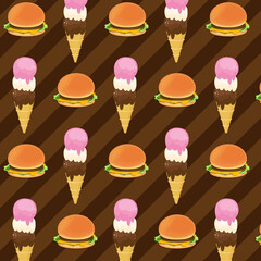 Ice cream and burger concept fast food seamless decoration vector illustration