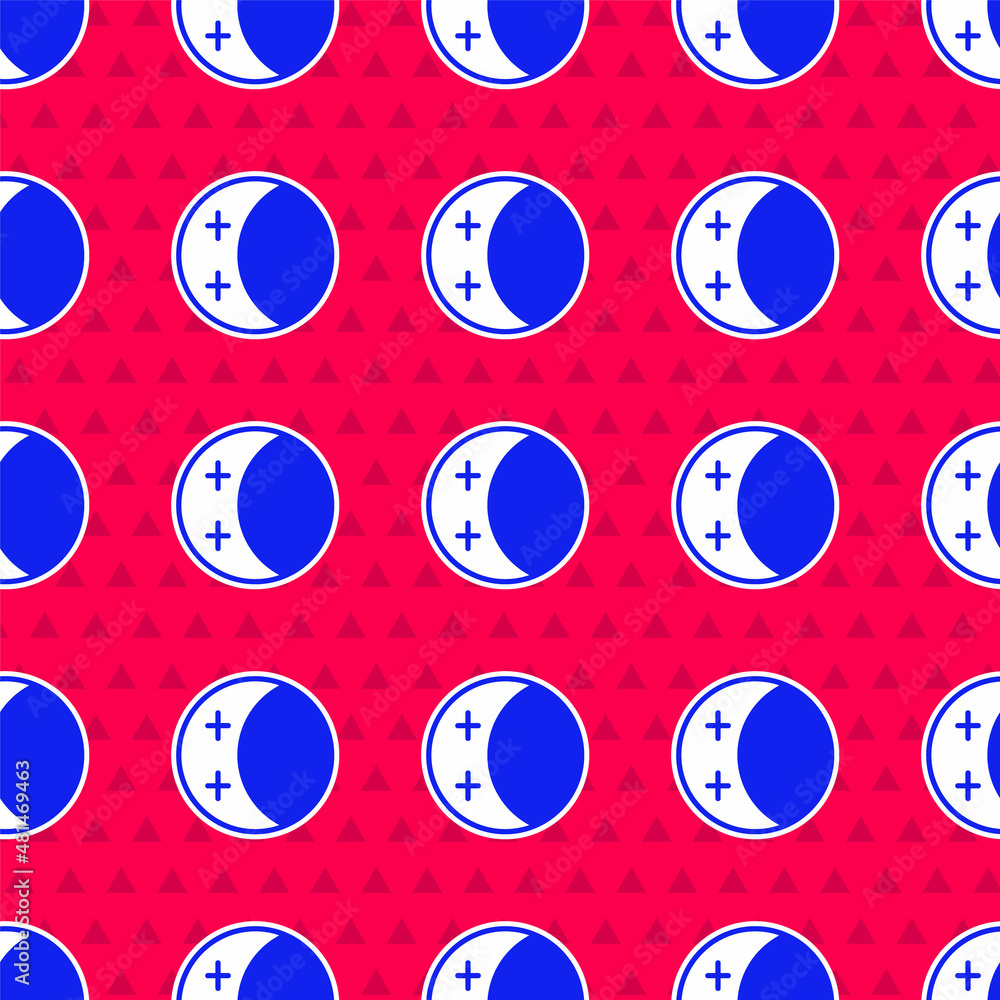 Poster blue eclipse of the sun icon isolated seamless pattern on red background. total sonar eclipse. vecto