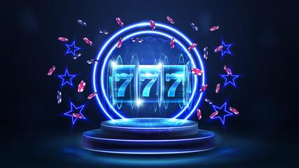 Blue podium of winners with blue neon rings, neon stars, slot machine with jackpot and poker chips in dark blue scene