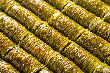 Traditional Pistachio baklava closeup. Middle Eastern Flavors.