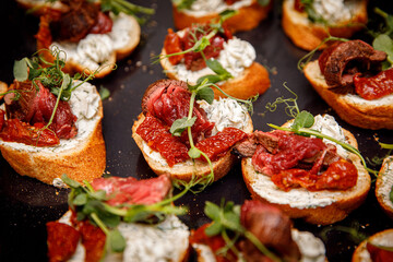 Top view of Bruschettas with beef