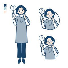 チュニック中年女性がクエスチョン印パネルを出すイラスト