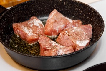 Turkey fillet fried in a pan.