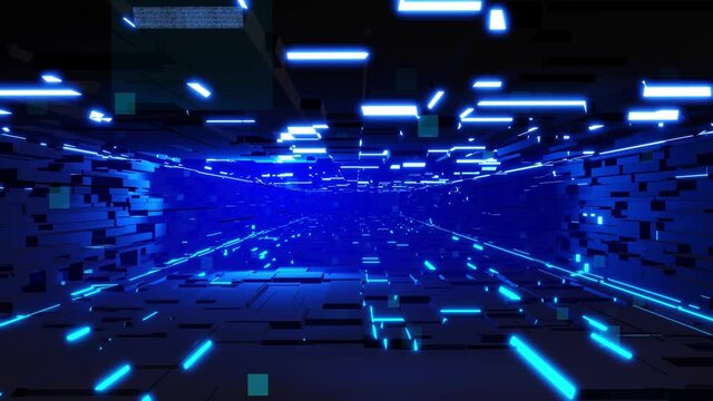 Sci fi technology futuristic concept. Blue dark sci fi background fly in tech digital space in cosmos with neon light. Hi-tech information flow in blockchain or bigdata. 3d looped bg motion design.