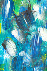 Acrylic paint strokes, blue, white and green