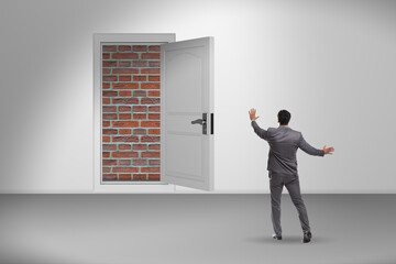 Businessman facing no exit with brick door