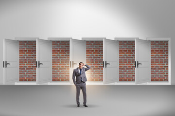 Businessman facing no exit with brick door