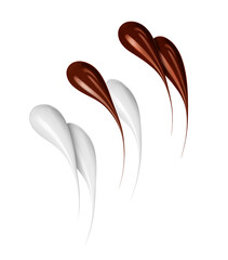 Doubled chocolate and milk drops close-up on a white background