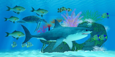 Fototapeta na wymiar Shark Ocean Reef - A Great White Shark passes many tropical fish and Green Sea Turtle swimming around an ocean reef.