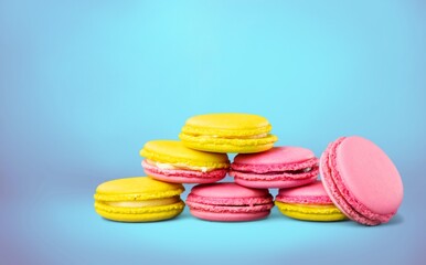Tasty sweet macarons cakes of different colors. Culinary and cooking concept.