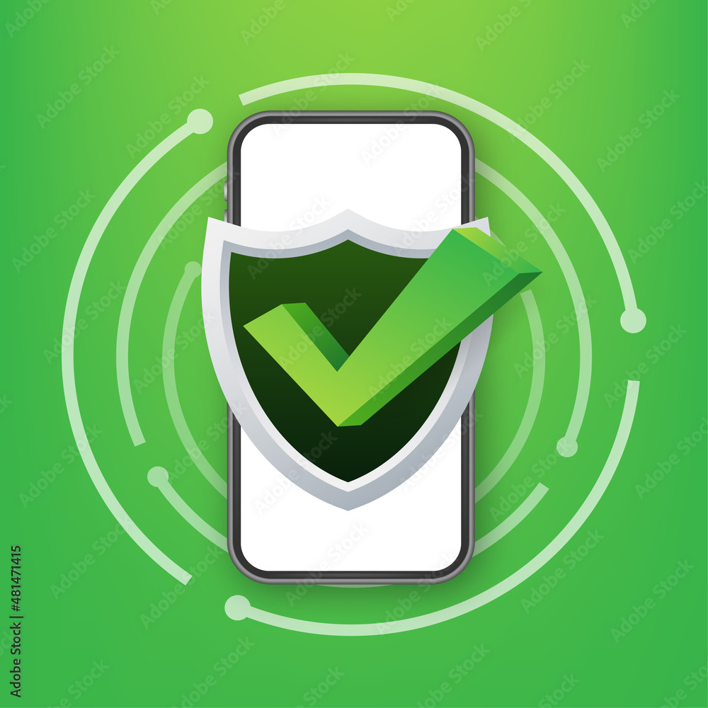 Poster smartphone with checkmark or tick notification in bubble. approved choice. accept or approve checkma