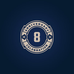 8 Year Anniversary Celebration with Golden Color for Celebration Event, Wedding, Greeting card, and Invitation Isolated on Blue Background
