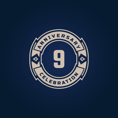 9 Year Anniversary Celebration with Golden Color for Celebration Event, Wedding, Greeting card, and Invitation Isolated on Blue Background