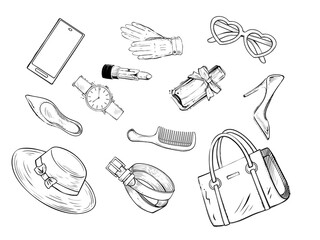 Set of woman accessories, monochrome vector illustration