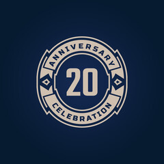 20 Year Anniversary Celebration with Golden Color for Celebration Event, Wedding, Greeting card, and Invitation Isolated on Blue Background