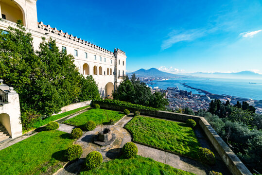 Scenic picture-postcard view of the city of Naples (Napoli) with famous Mount Vesuvius in the background from Certosa di San Martino monastery, Campania, Italy