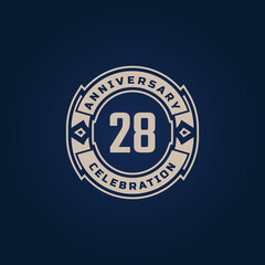 28 Year Anniversary Celebration with Golden Color for Celebration Event, Wedding, Greeting card, and Invitation Isolated on Blue Background
