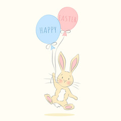 Cute Bunny Flying on Balloons Happy Easter Card