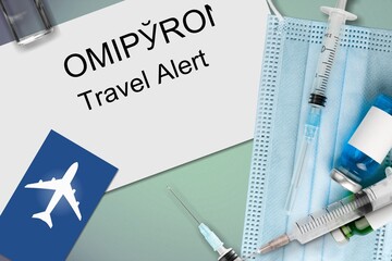 Luggage tag for the plane, syringes and a card, The concept of stopping flights from Africa