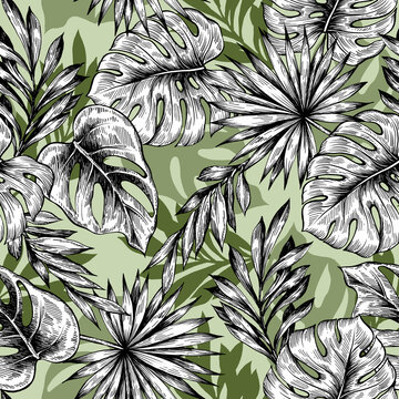 Abstract drawn graphic seamless pattern of leaves.