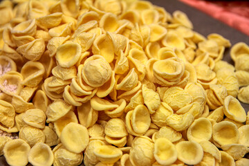 Fresh uncooked orecchiette - Pasta from Puglia, Italy