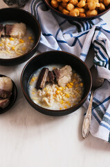 Kazakh national soup or drink - Nauryz Kozhe. Traditional festive food during Eastern New year - Nauryz. Top view.