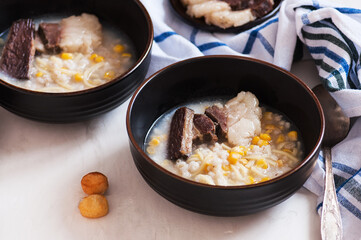 Kazakh national soup or drink - Nauryz Kozhe. Traditional festive food during Eastern New year - Nauryz. Top view.