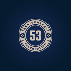 53 Year Anniversary Celebration with Golden Color for Celebration Event, Wedding, Greeting card, and Invitation Isolated on Blue Background