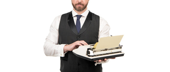 cropped secretary man typing on vintage typewriter, journalism - obrazy, fototapety, plakaty