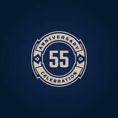 55 Year Anniversary Celebration with Golden Color for Celebration Event, Wedding, Greeting card, and Invitation Isolated on Blue Background