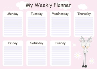 Modern vector collection of daily weekly monthly planner printable template with colorful elements for children with colorful background. Scandinavian deer illustration. Page a4. School schedule
