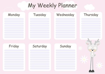 Modern vector collection of daily weekly monthly planner printable template with colorful elements for children with colorful background. Scandinavian deer illustration. Page a4. School schedule