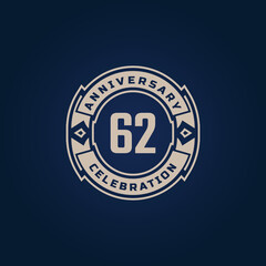 62 Year Anniversary Celebration with Golden Color for Celebration Event, Wedding, Greeting card, and Invitation Isolated on Blue Background