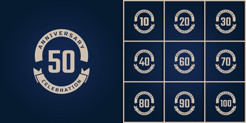 Set of Year Anniversary Celebration with Golden Color for Celebration Event, Wedding, Greeting card, and Invitation Isolated on Blue Background