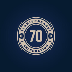 70 Year Anniversary Celebration with Golden Color for Celebration Event, Wedding, Greeting card, and Invitation Isolated on Blue Background