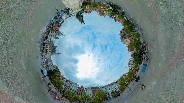 little planet format of downtown of the city Ghent in Belgium. On an overcast day with no camera in view.