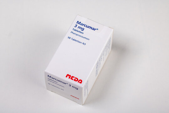 Neckargemuend, Germany: October 06, 2021: Packaging of the prescription drug marcumar, a long-acting blood thinner drug with the active substance Phenprocoumon in the dosage 3mg.