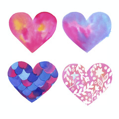 Watercolor blu and pink hearts set isolated on white background. Valentines hand drawn love symbols collection