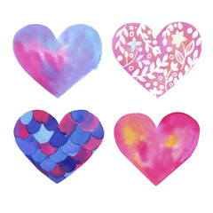 Watercolor set of hearts isolated on a white background. Hand-drawn collection of pink and blu hearts with flowers for your design. Calligraphic design for Valentine's Day or weddings. Spring or summe