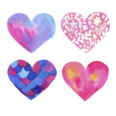 Watercolor set of hearts isolated on a white background. Hand-drawn collection of pink and blu hearts with flowers for your design. Calligraphic design for Valentine's Day or weddings. Spring or summe