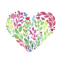 Watercolor leaf heart. Heart silhouette consist of leaves and branches. Illustration for the wedding, Valentine's Day. Love card with watercolor botanic bouquet. Green, pink, violet leaves.