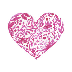 Pink heart with leaves and flowers painted in watercolor on clean white background