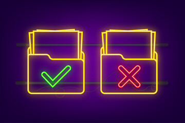 Yes No check mark neon sign on clipboard Lined paper notebook. Document icon. Vector stock illustration.
