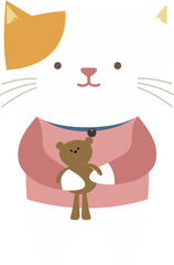 White Cat in Pink Sweater Holding Teddy Bear