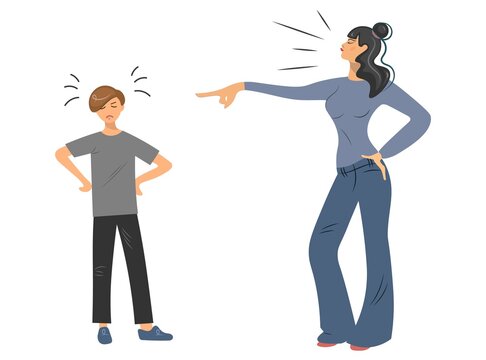 The mother scolds her son, blaming her. Conflict between children and parents. Wrong upbringing. The concept of family conflicts, problems transitional age. Vector illustration. Flat style.